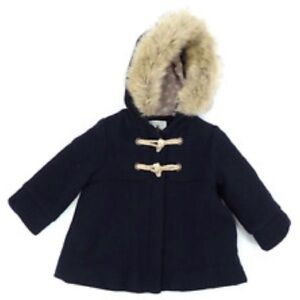 Zara Kids Baby Peacoat Navy Blue Coat with Faux Fur Hood sz 12 - 18 wool toggle